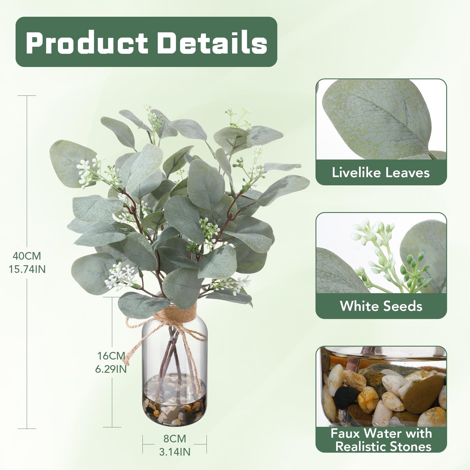 15.74” Artificial Eucalyptus Stems in Glass Vase with Faux Water & Natural St…