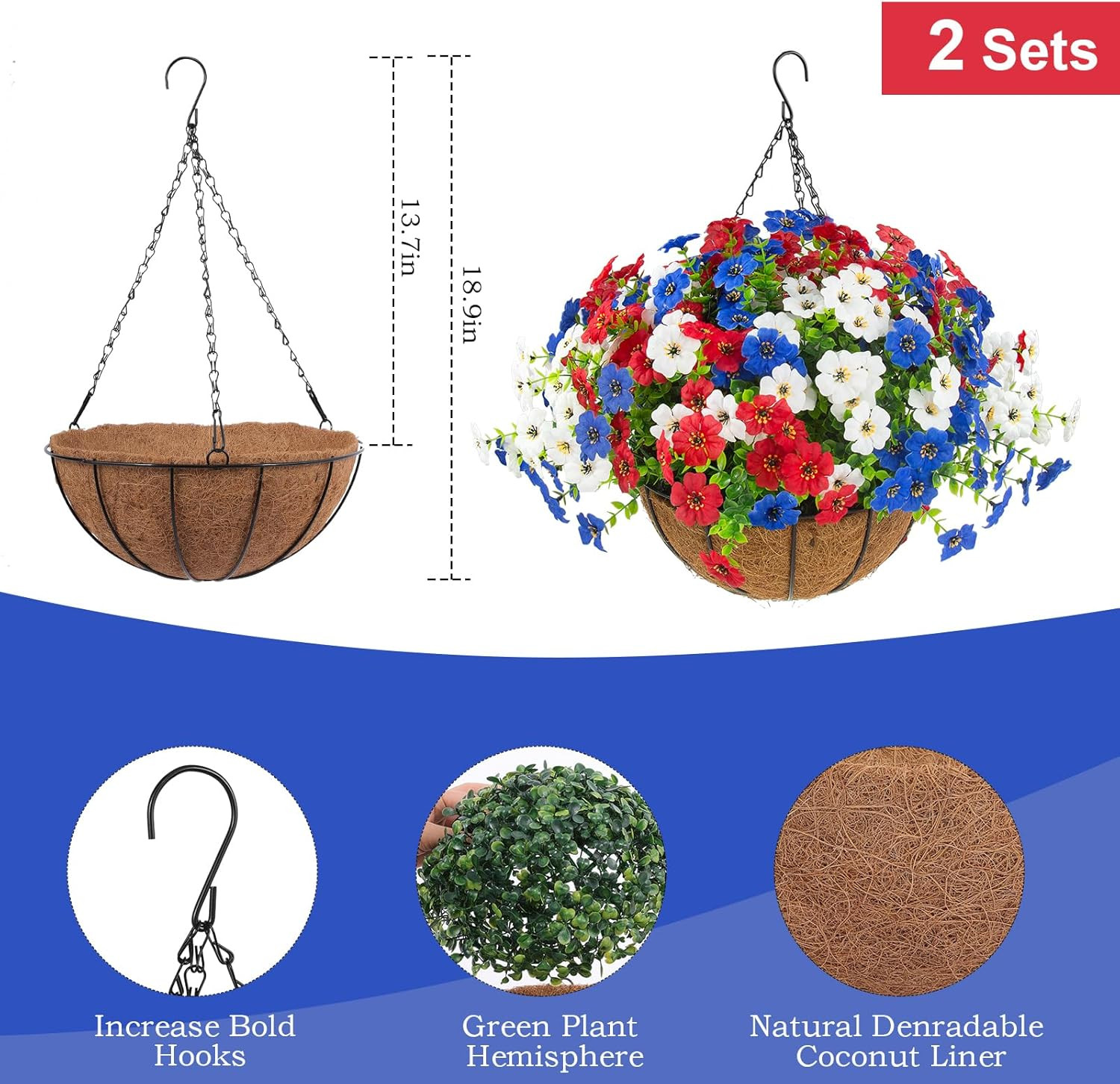 2 Pack Patriotic Hanging Flower Baskets for 4th of July Decor- Red, White, Blue
