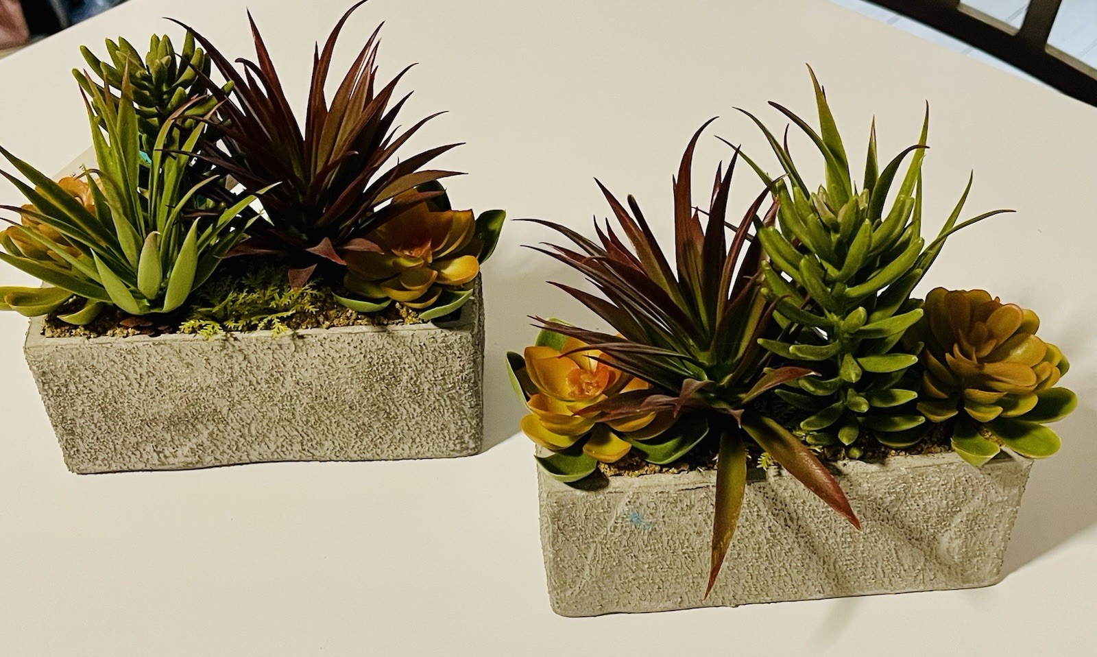 Set Of 2 Faux / Artificial Succulent Garden With Concrete Planter 3”x 7”x3”