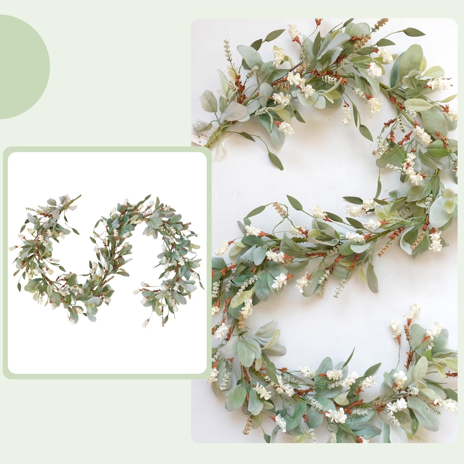 70 Inch Lamb Ears Greenery Garland with Ivory Forsythia Flowers, Year Round F…