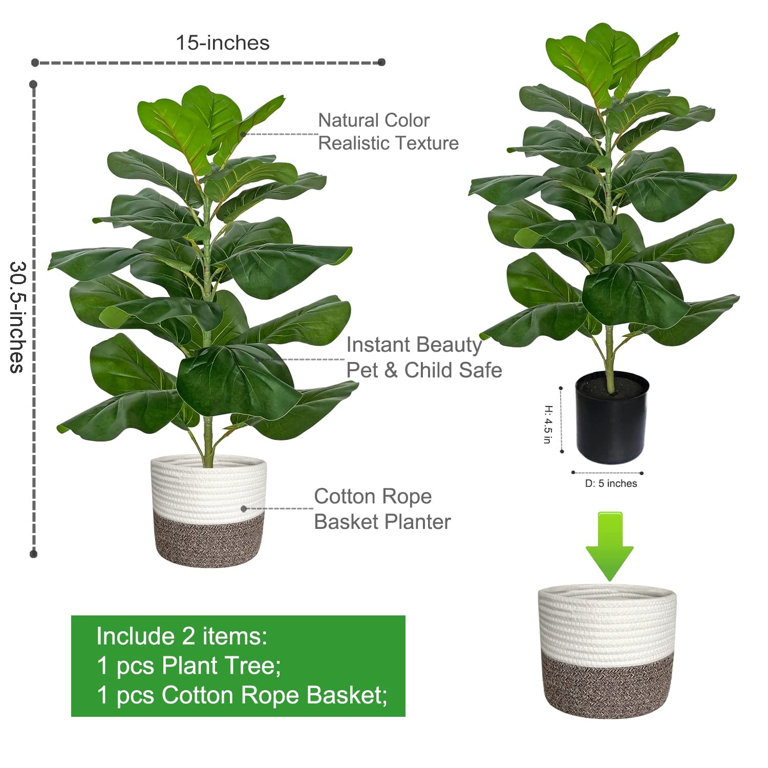 Artificial Fiddle Leaf Fig Tree/Faux Ficus Lyrata for Home Office Decoration,…