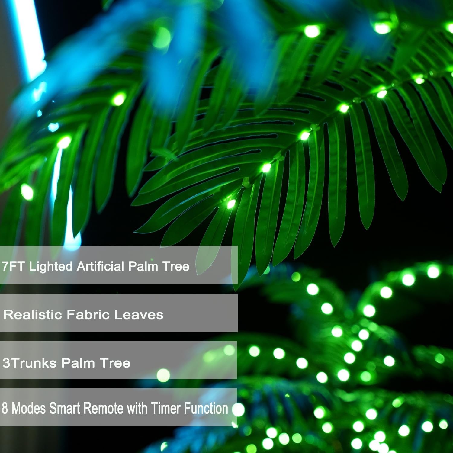 7FT Lighted Artificial Palm Tree with Three Trunks and 260 LED Lights – Green