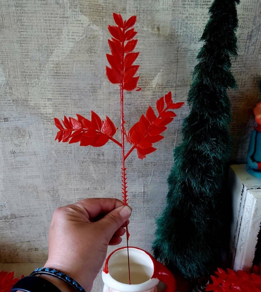 Vintage Red Leaf Faux Floral Arrangement Stems Set Of 12