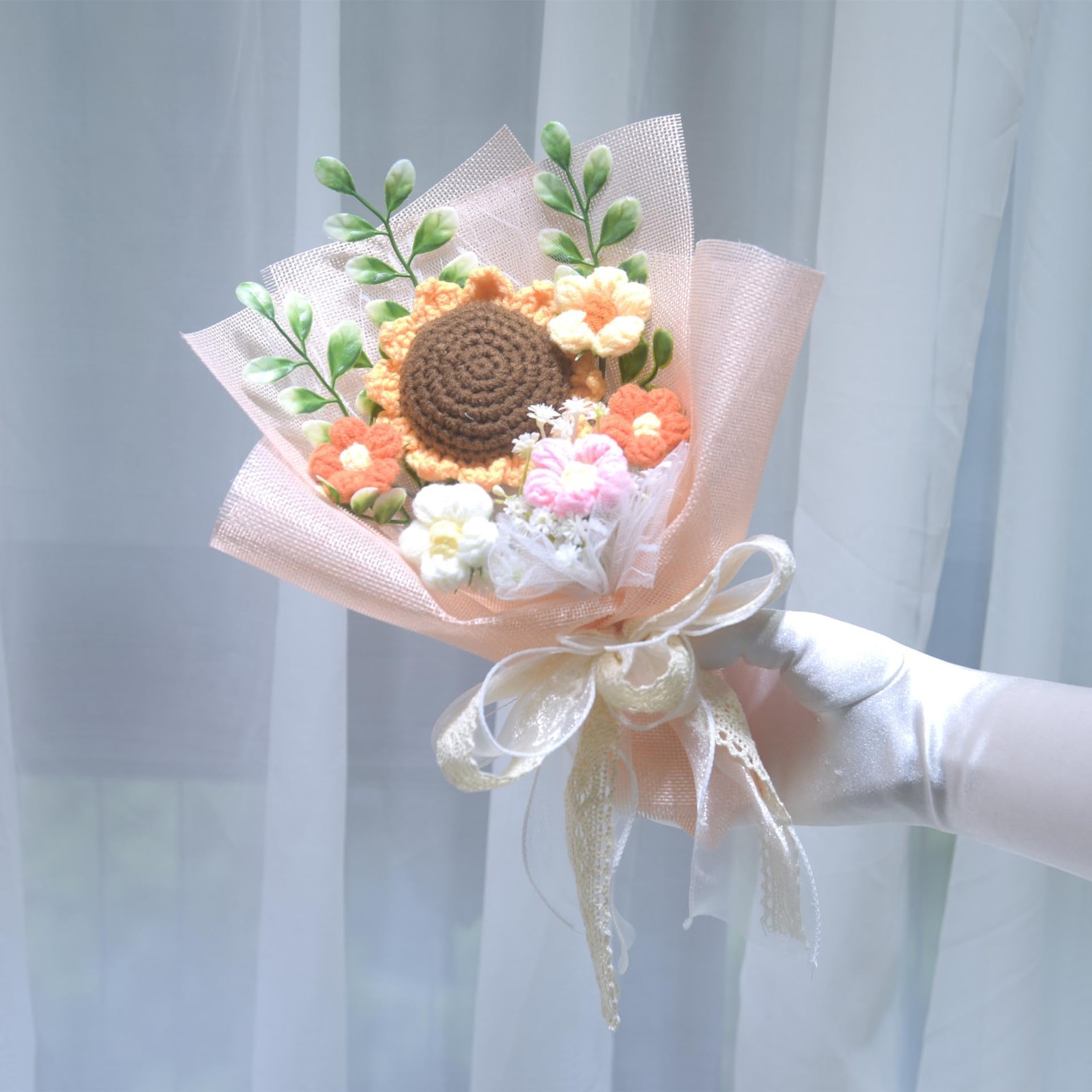 Pink Crochet Flower Bouquet Knitted Sunflower Daisy Graduation Gifts 1 PCS