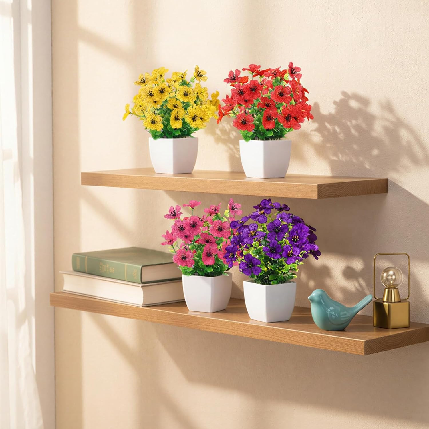 Fake Plants 4 Packs Small Faux Potted Flower Daisy with Eucalyptus Leaves Dec…