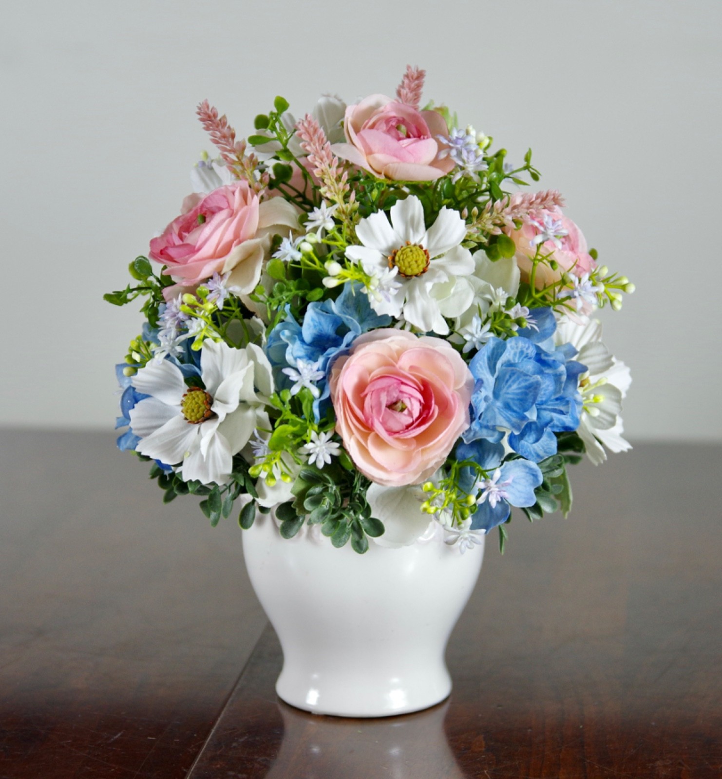 Silk Pink Ranunculus and Blue Hydrangea Arrangement in White Ceramic Bowl