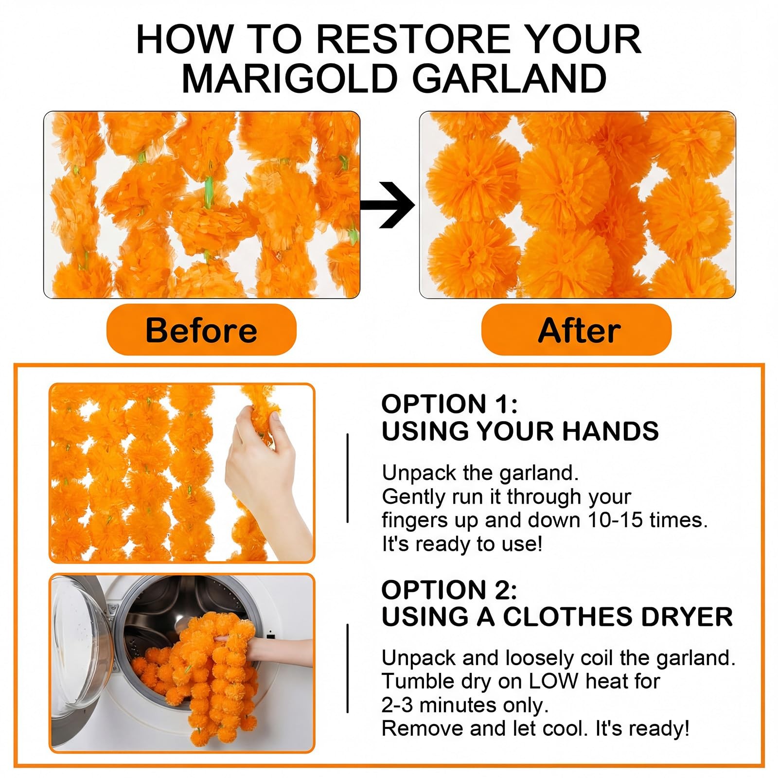 15 Pack Marigold Garland for Decoration 5 ft Long Strands Faux Artificial Mar…