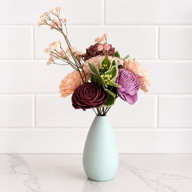 Sola Wood Flower Arrangement Blue Ceramic Vase Gift for Her Mom Home Decor