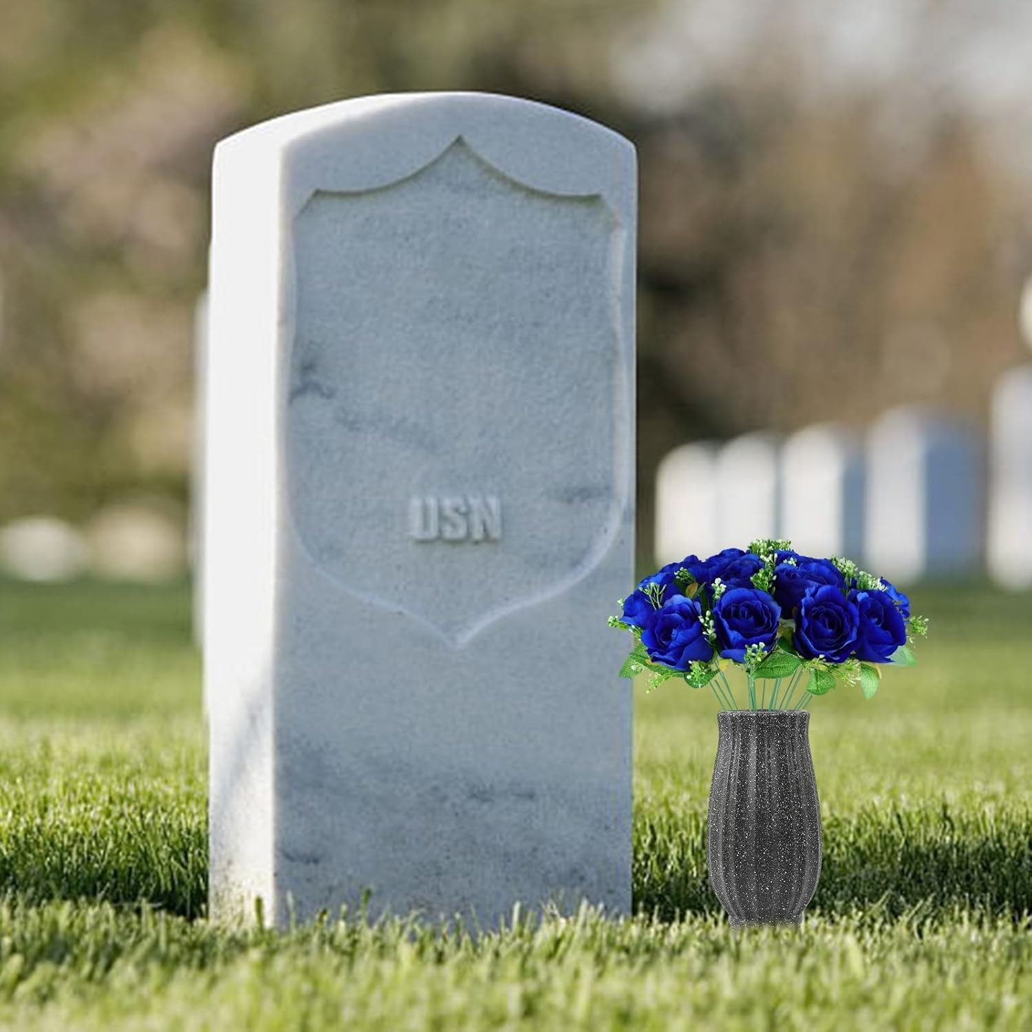 Cemetery Decorations for Grave-18 Blue Silk Memorial Artificial Rose Flower for
