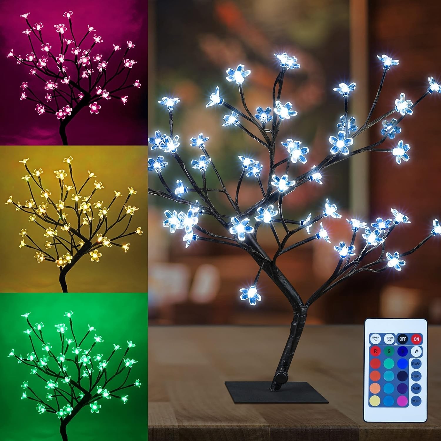 Cherry Blossom Bonsai Tree Light 17.7″ Tree Lamp with 48 LED Multicolor -Remote