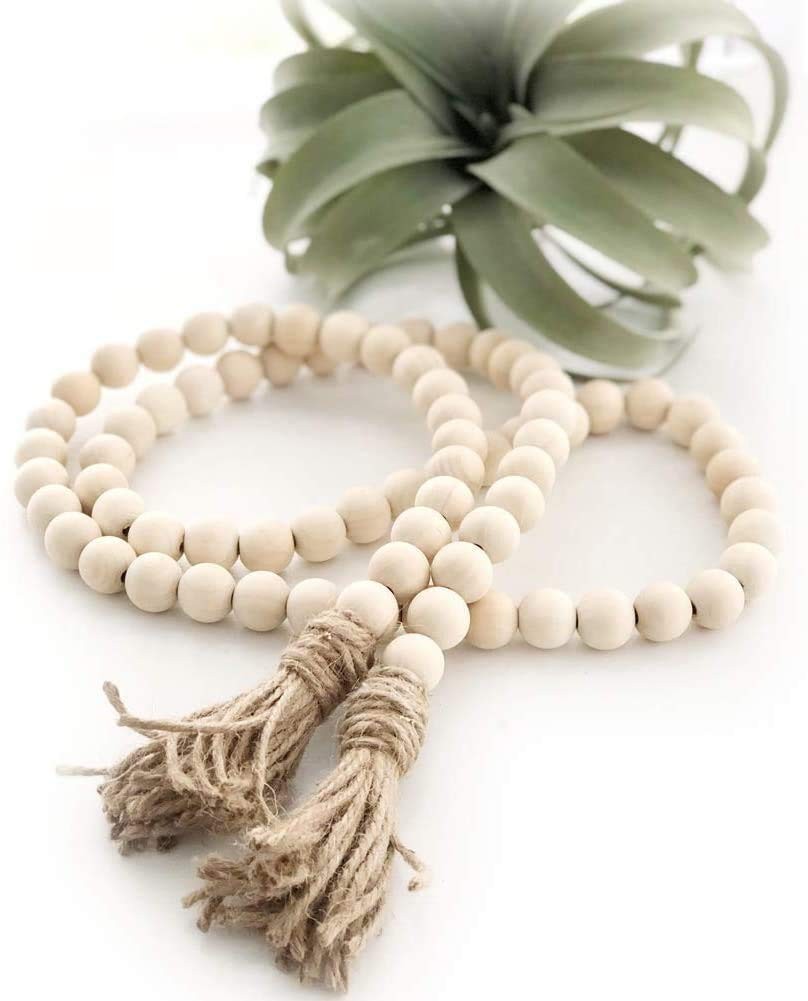60″ Farmhouse Wood Bead Garland with Tassels Rustic Boho Tiered Tray Decor