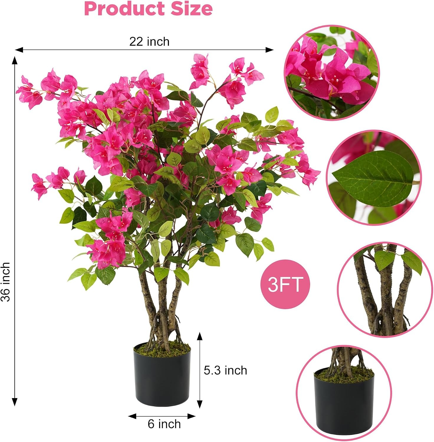 2 Pack Artificial Bougainvillea Tree, 3FT Small Fake Flowering Plant with Pink
