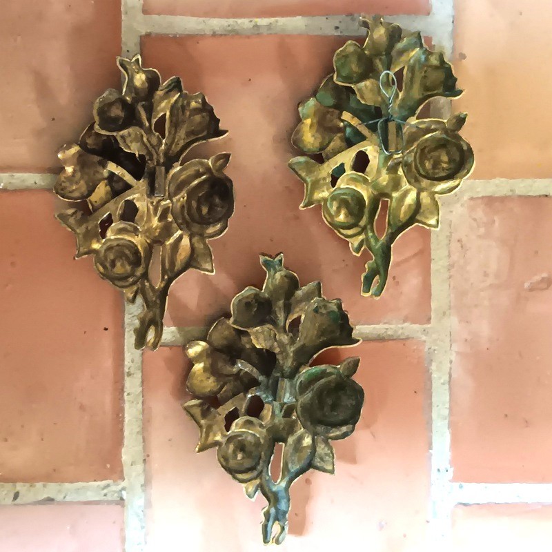 Antique Set of Three Gilt Bronze Floral Bouquet Wall Ornaments French Decor 19th