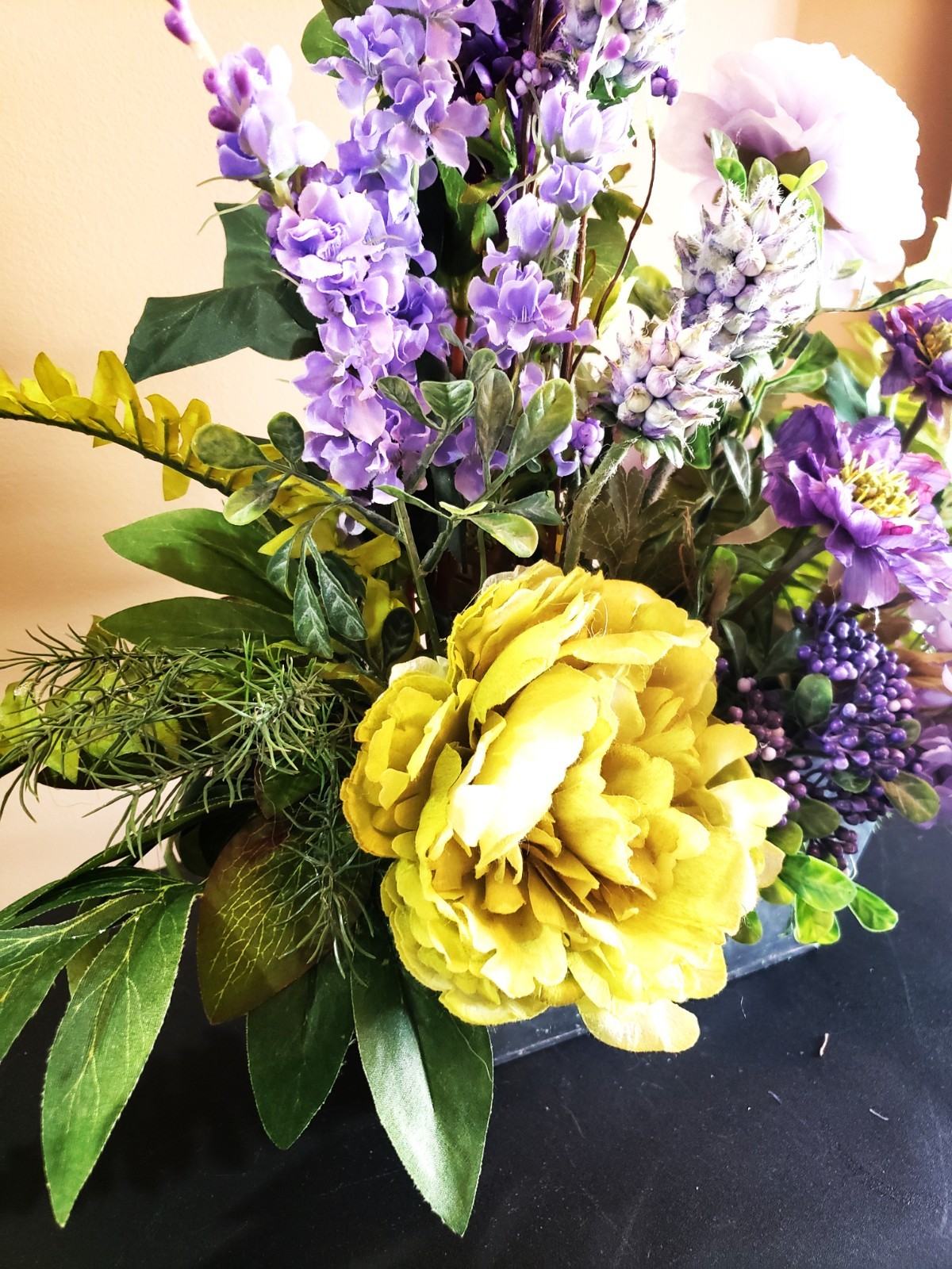 Purple & Lavender Lilac Arrangement in Oblong Silver Container – Peony, Scabiosa