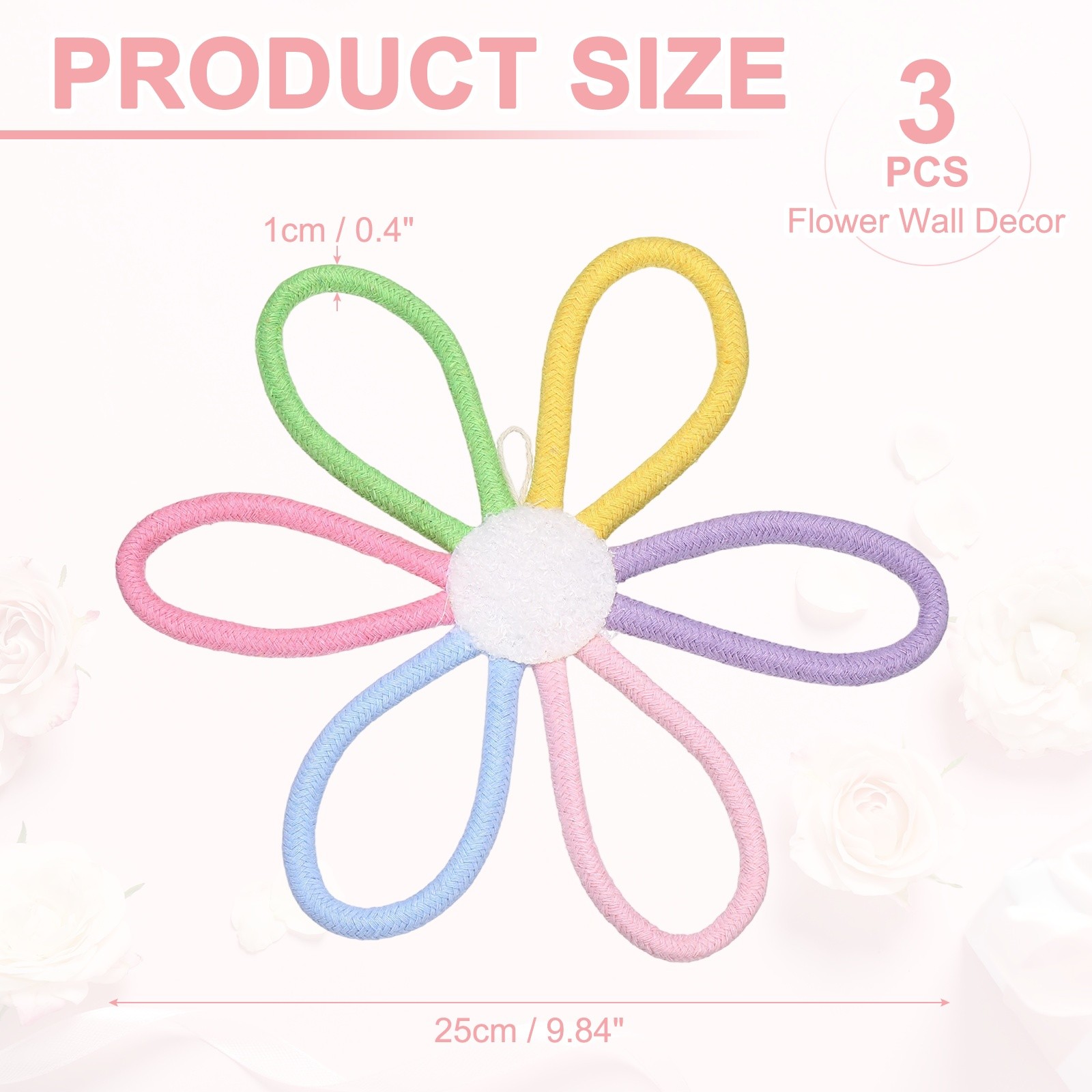 3Pcs Daisies Floral Wall Decor 10″ Flower Art Decor Woven Macrame Multicolor]