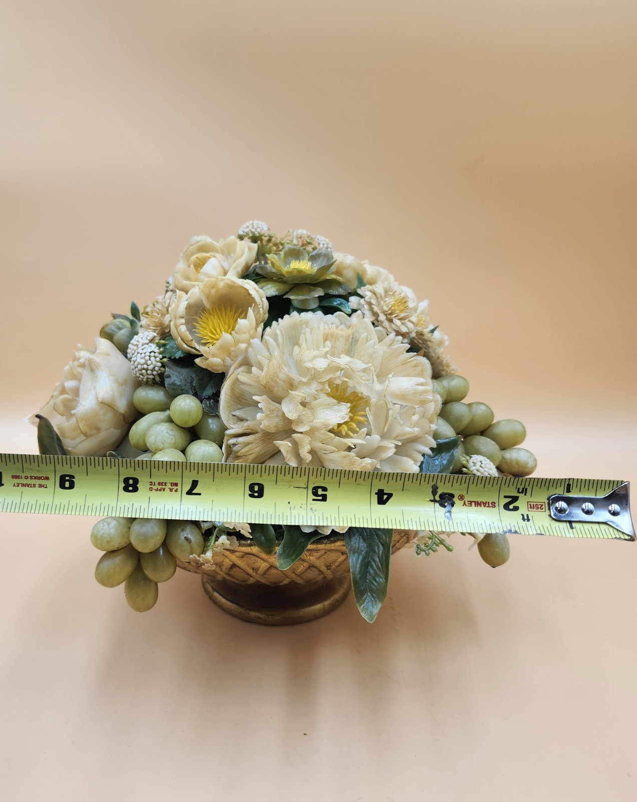 Vintage gold bowl artificial flower fruit arrangement white green Mid Century