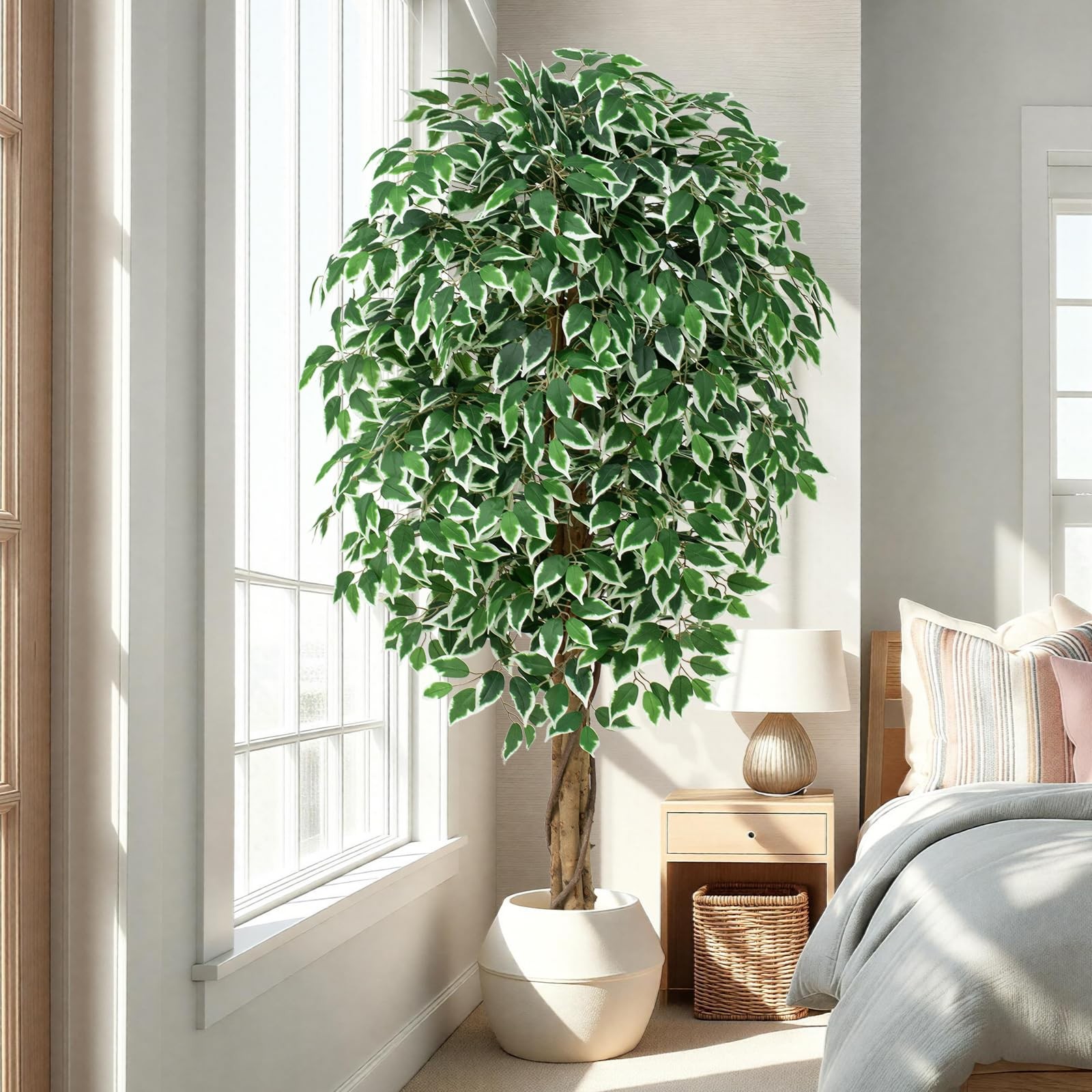 6.2ft Ficus Artificial Trees with 3 Natural Curved Trunks, 74″ Tall Lush Faux…