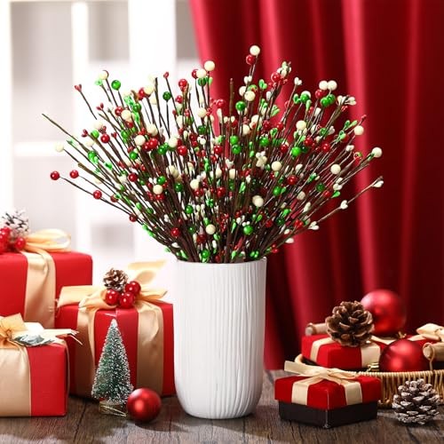 10 Pcs Christmas Floral Picks Berry Red Lime Green White Stem Red Green White