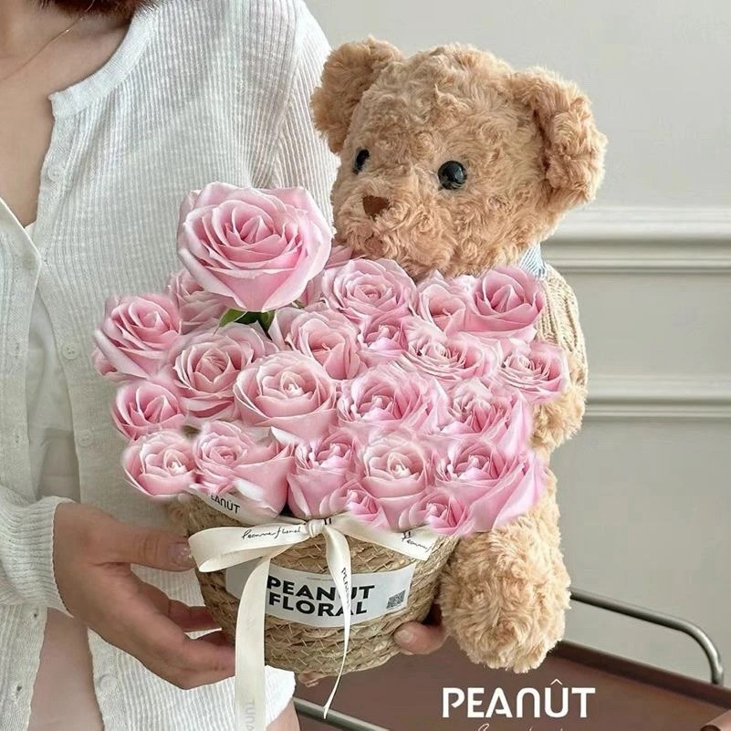 Teddy Bear With 33 Eternal Rose Bouquet— Best Gift For Girlfriend. Best Friend