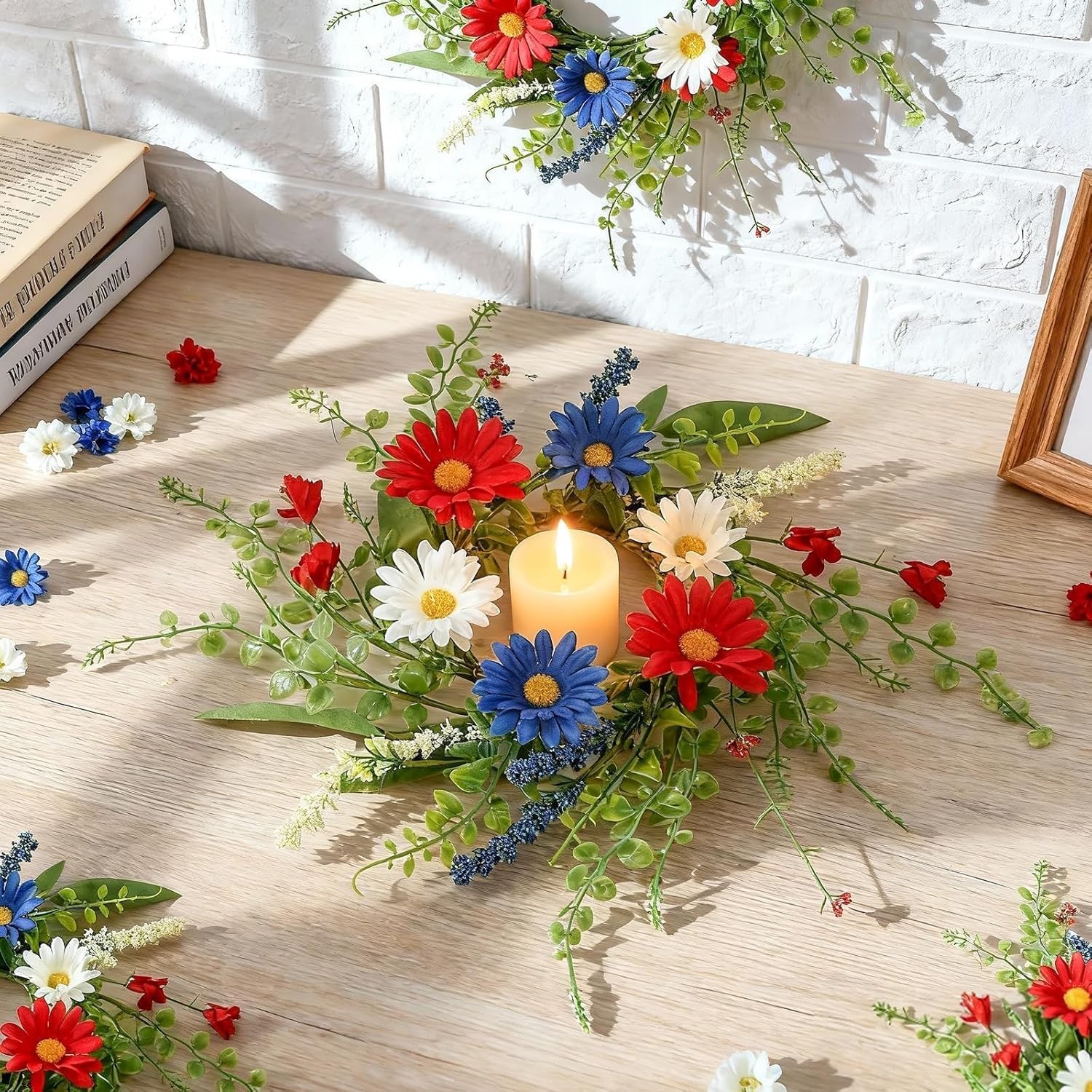 4 PCS Patriotic American Flag Candle Rings Wreaths 4th of July Red White Blue