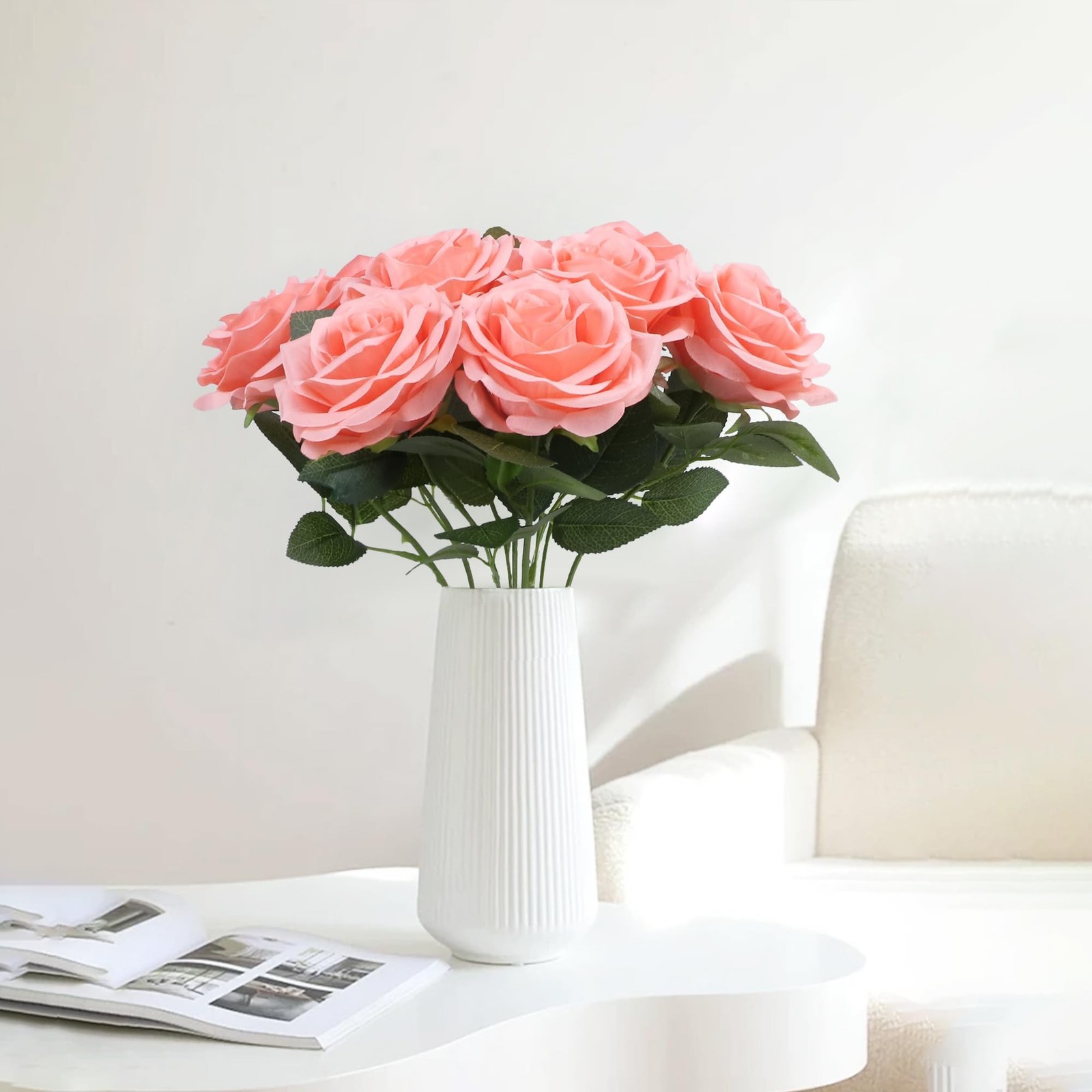 NEVISI 50Pcs Coral Peach Silk Roses with Stems Artificial Flowers