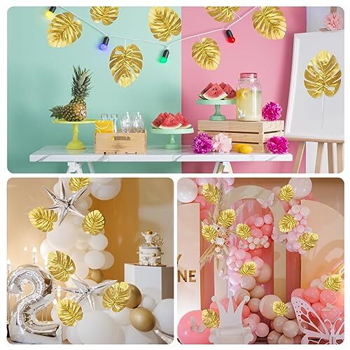 24 Pcs Artificial Gold Palm Leaves Tropical Party Leaves Table Wall Decoration