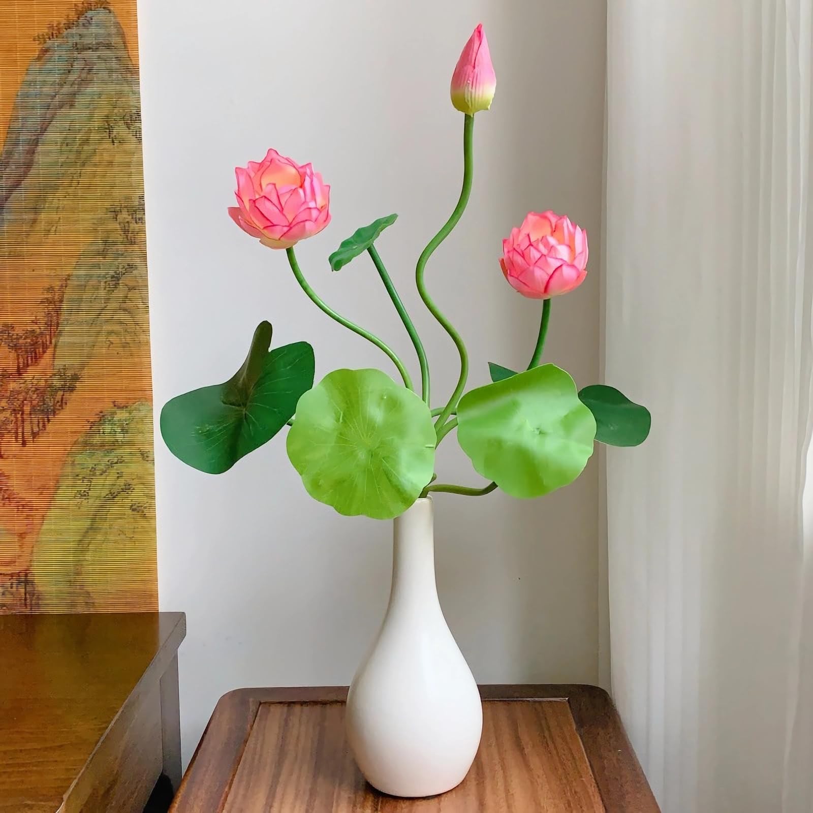 4pcs Artificial Lotus Flowers with Leaves 17″ Pink Fake Water Lily Bouquets f…