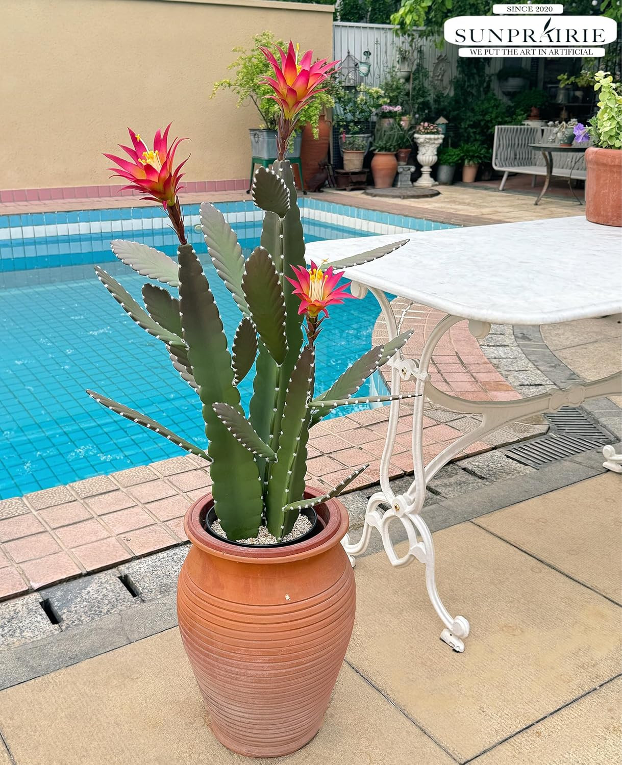 33 Inch Large Artificial Cactus with Magenta Flowers in Pot with Natural Gravel.