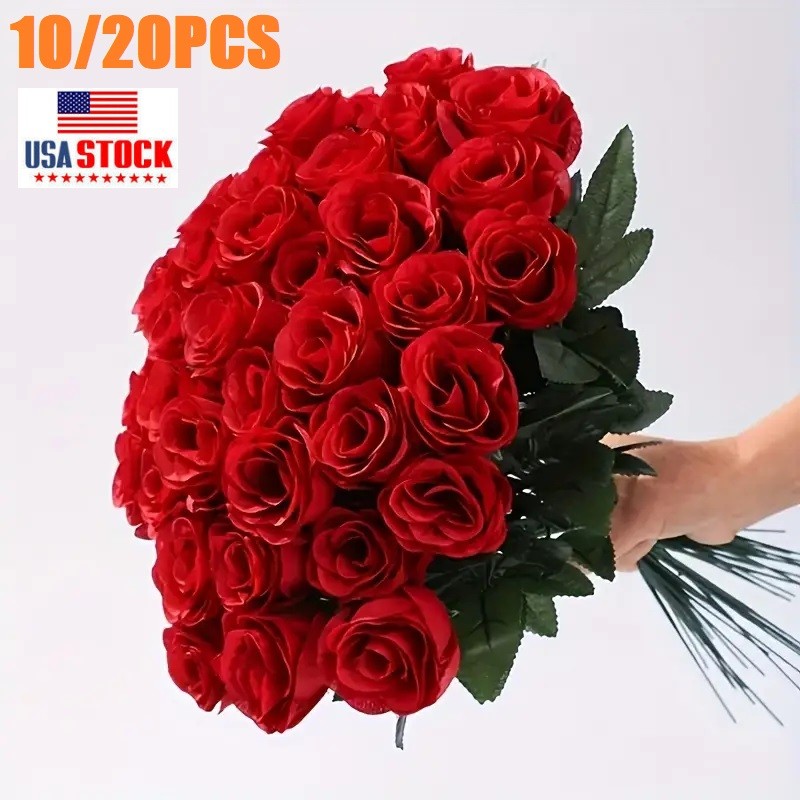 10/20x Red Silk Roses Artificial Flowers Realistic Bouquet Home Xmas Party Decor