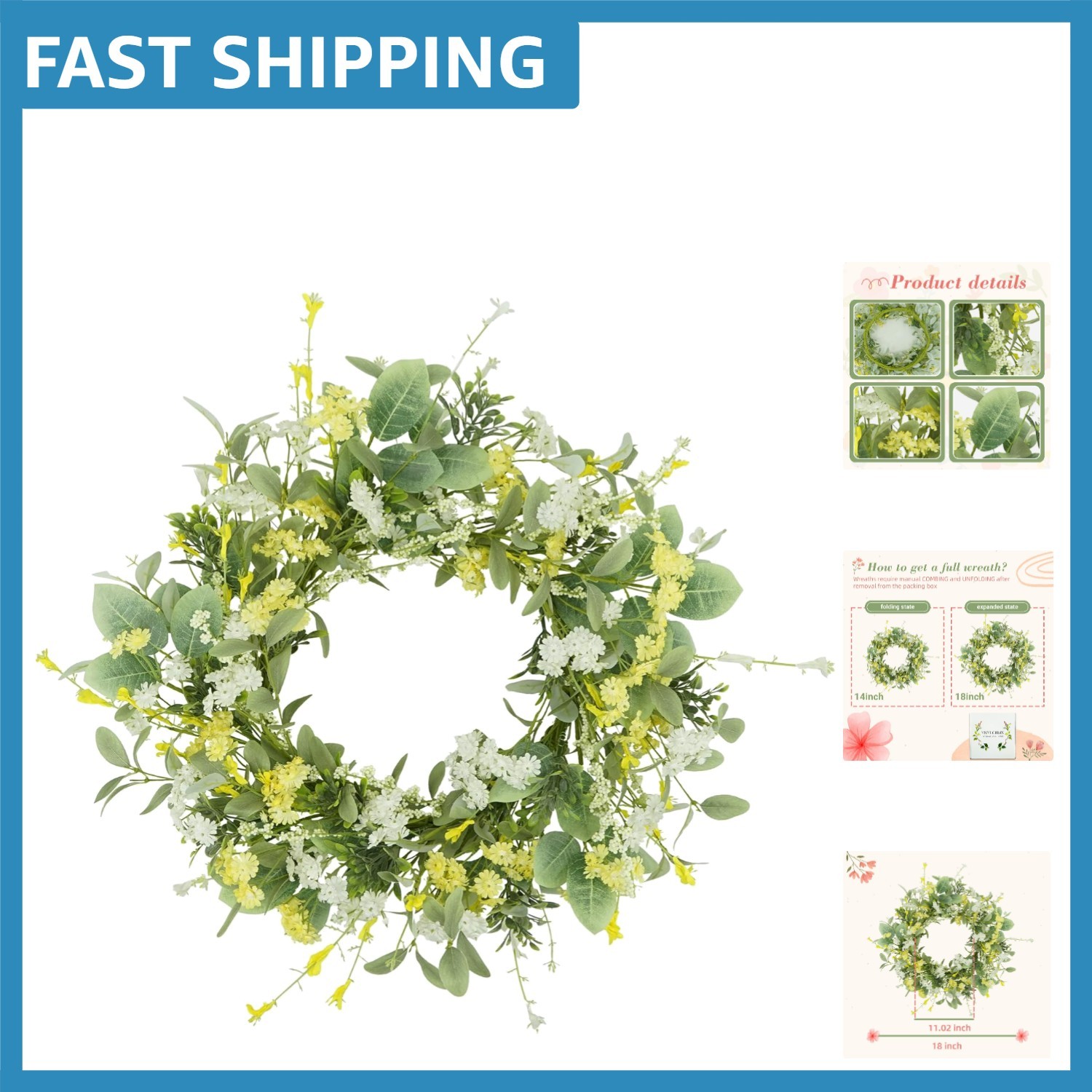 18-Inch Spring Summer Floral Wreath – Lifelike Daisy & Eucalyptus Decor
