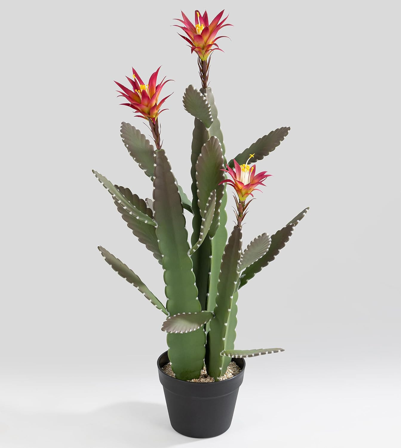 33 Inch Large Artificial Cactus with Magenta Flowers in Pot with Natural Gravel.