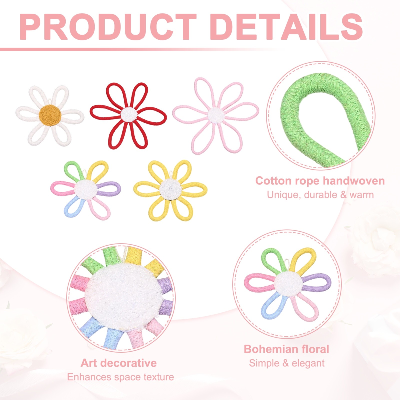 3 Pcs Daisies Floral Wall Decor 6″ Flower Art Decor Woven Macrame Multicolor
