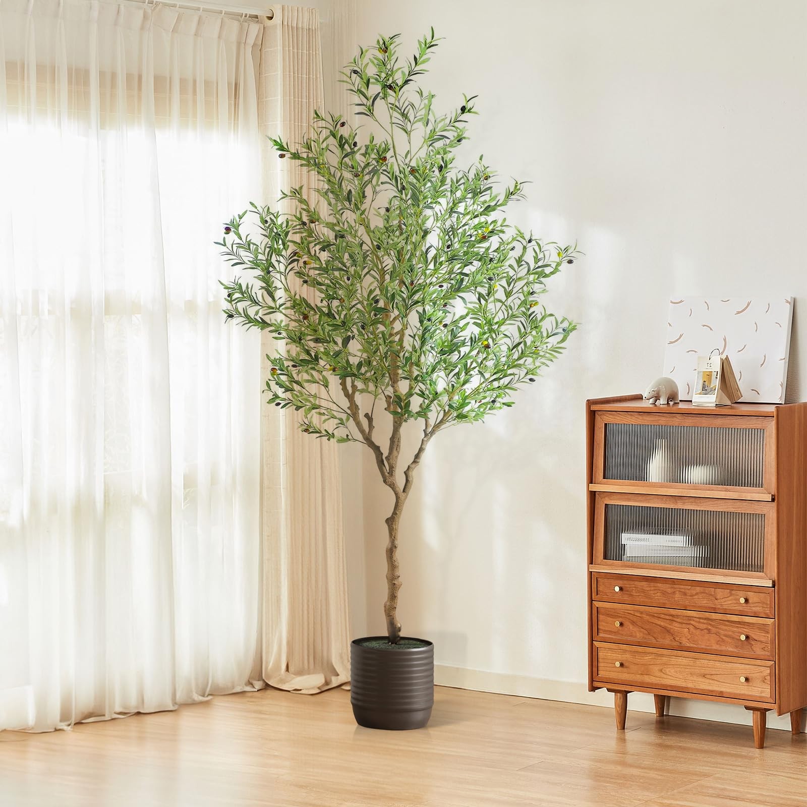 7ft Artificial Olive Tree Potted, Faux Indoor Plants with Natural Wood Trunk …