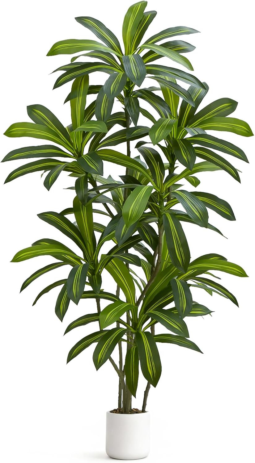 Artificial Dracaena Tree, 5FT Tall Fake Plants with Real Touch Leaves & White Pl