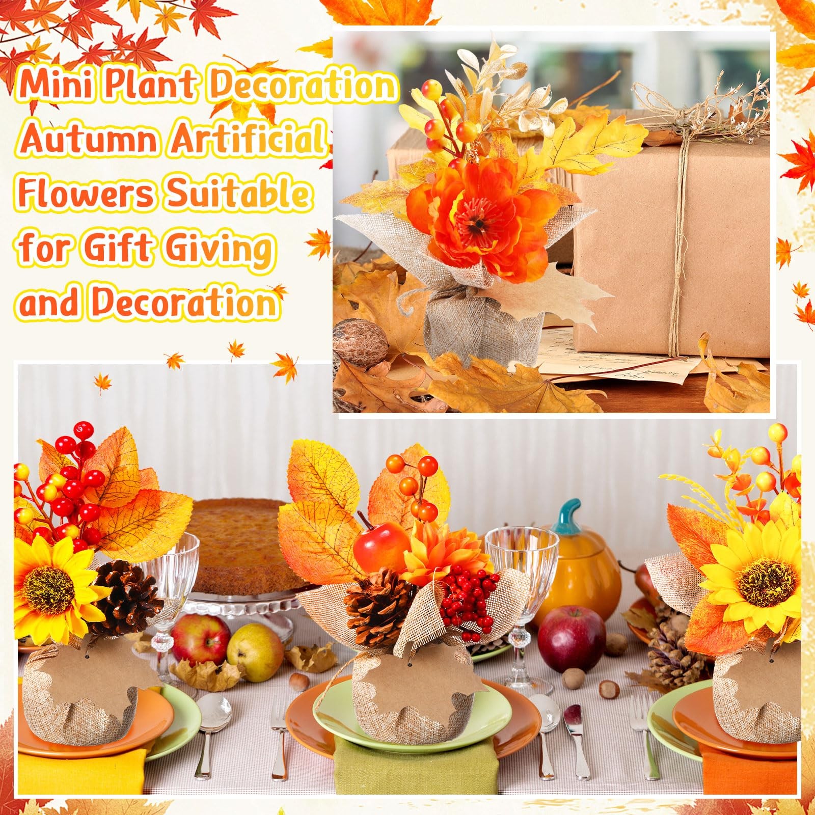 4 PCS Fake Thanksgiving Fall Potted Plant Pumpkin Sunflower Maple Decor