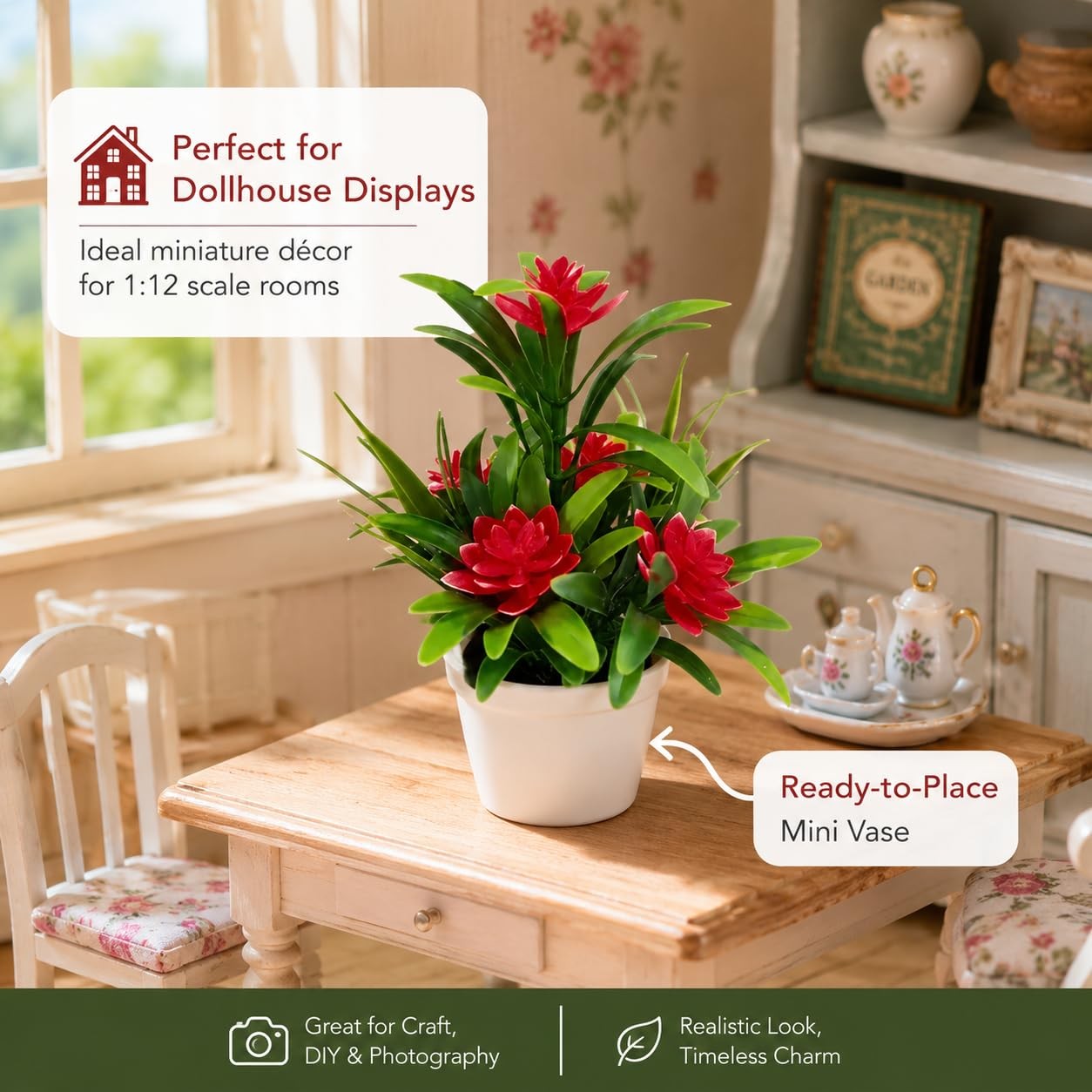 Dollhouse 1: 12 Red Artificial Lotus Flowers in Plastic Vase, Mini Potted Flo…