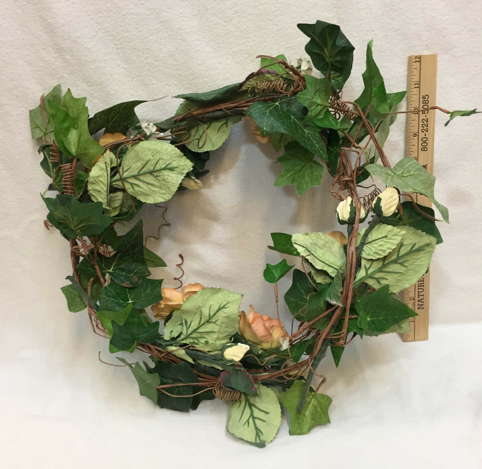 Wreath Peach Roses Green Ivy 15″ Artificial Pale Pink Flowers Berries