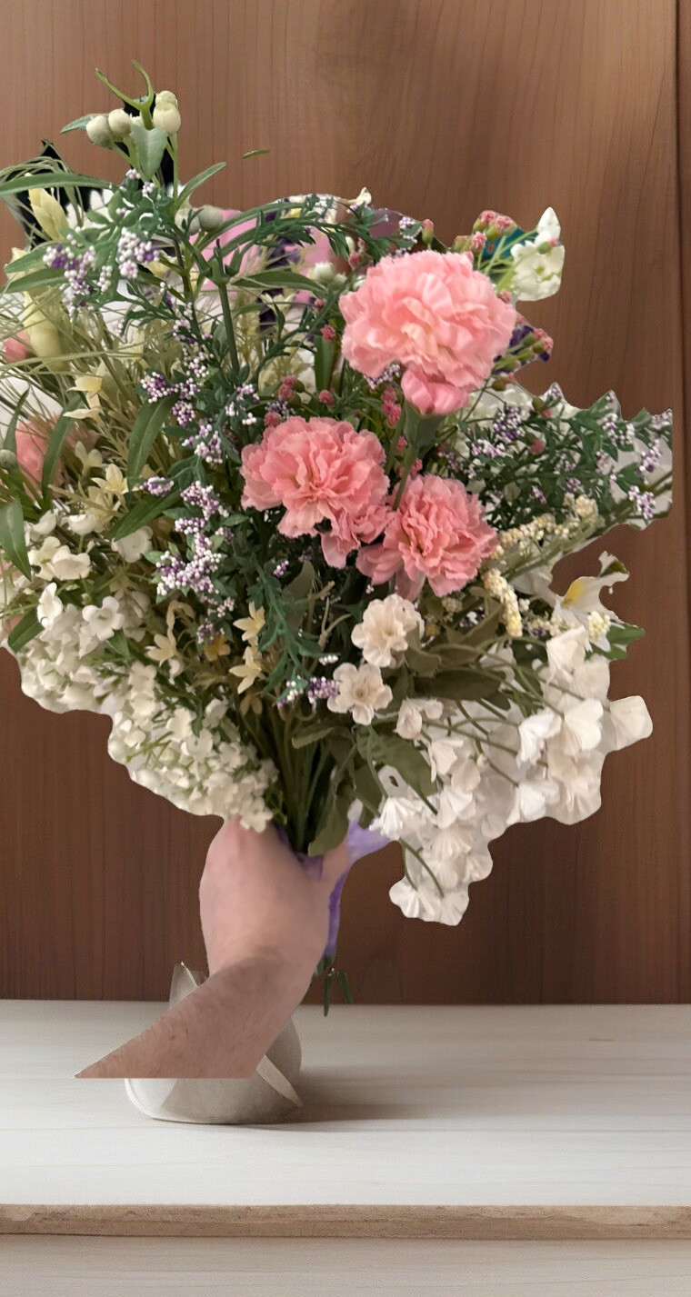 Floral Arrangement Bouquet Flowers Pink Purple White Yellow Green Rustic Wild
