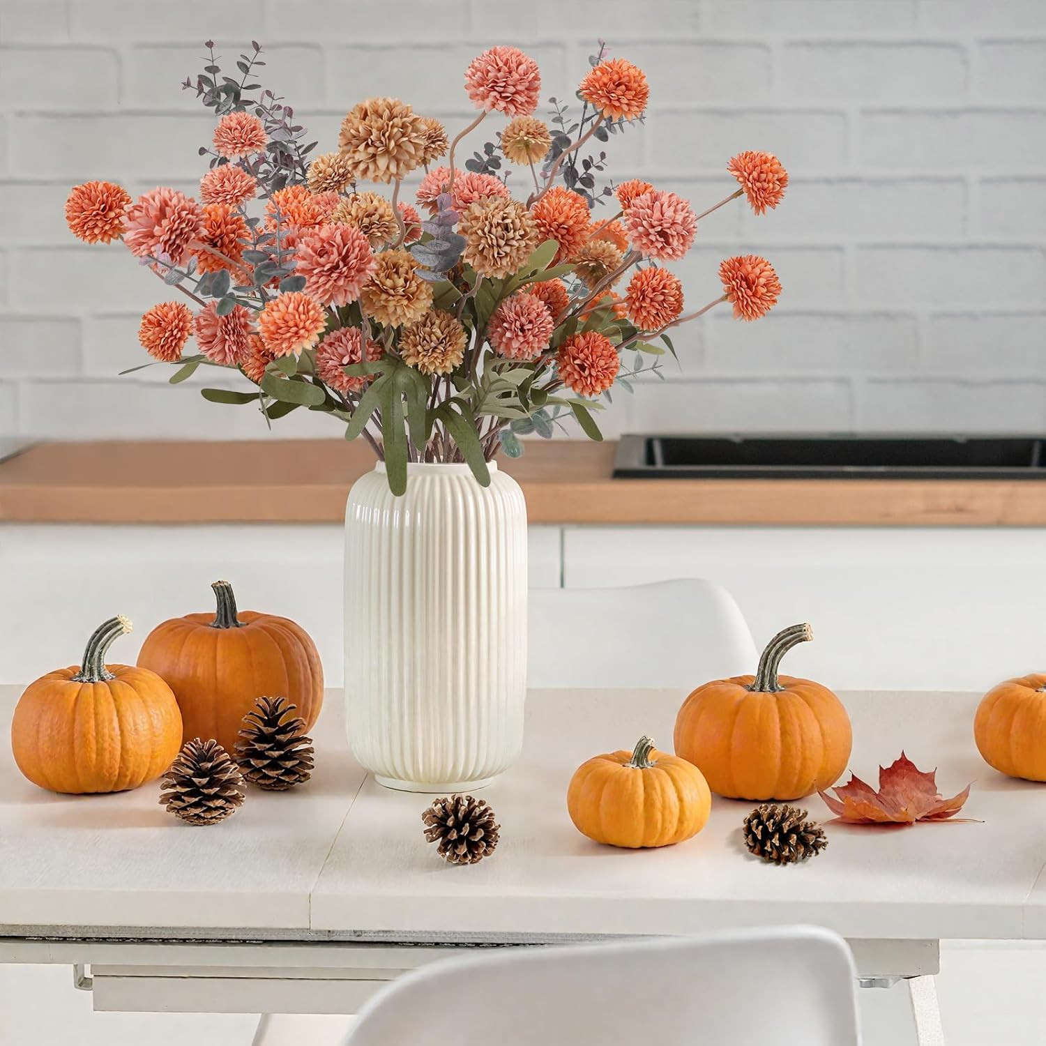 Fall Faux Pompon Mum Flowers – 10 Stems, 21” Long Burnt Orange Brown Pink Orange