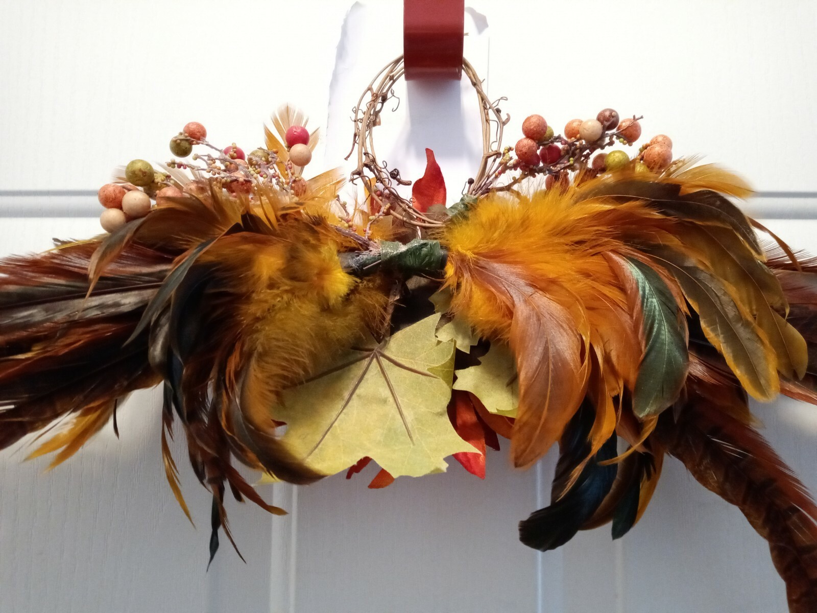 NWT Autumn Floral Wall Swag – Copper Feathers & Orange Sunflower – 27″W x 11″T