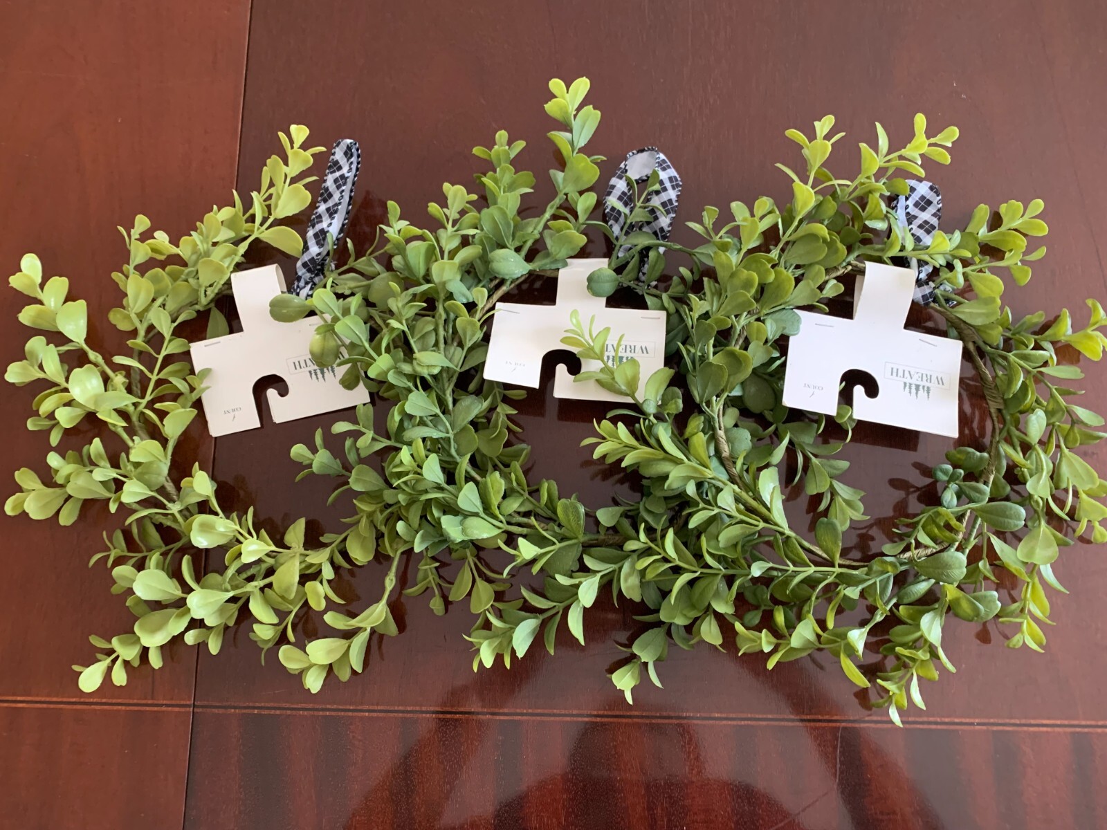 Set Of 3 Faux Artificial Wreaths 6″ Form with black & white ribbon loop, NWT