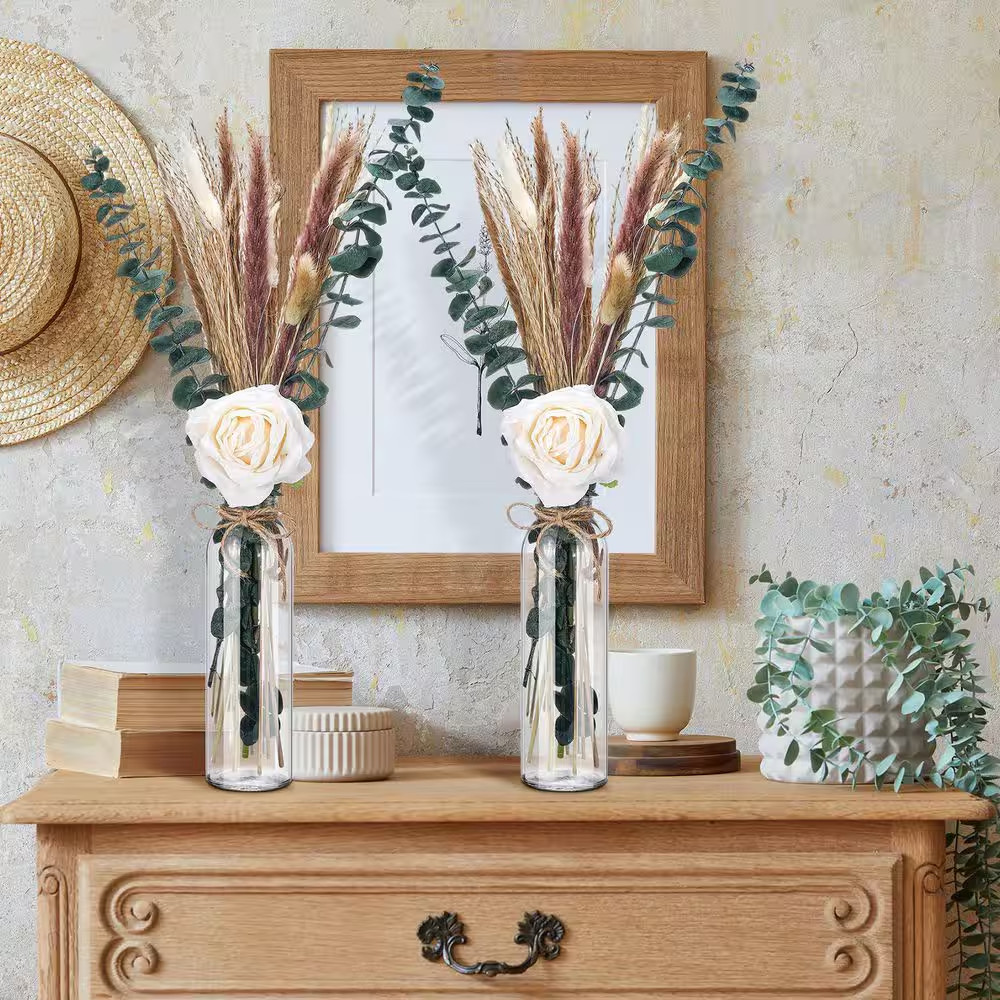 5.35 In. White Artificial Plant Dried Pampas Grass Centerpiece Set with Eucalypt