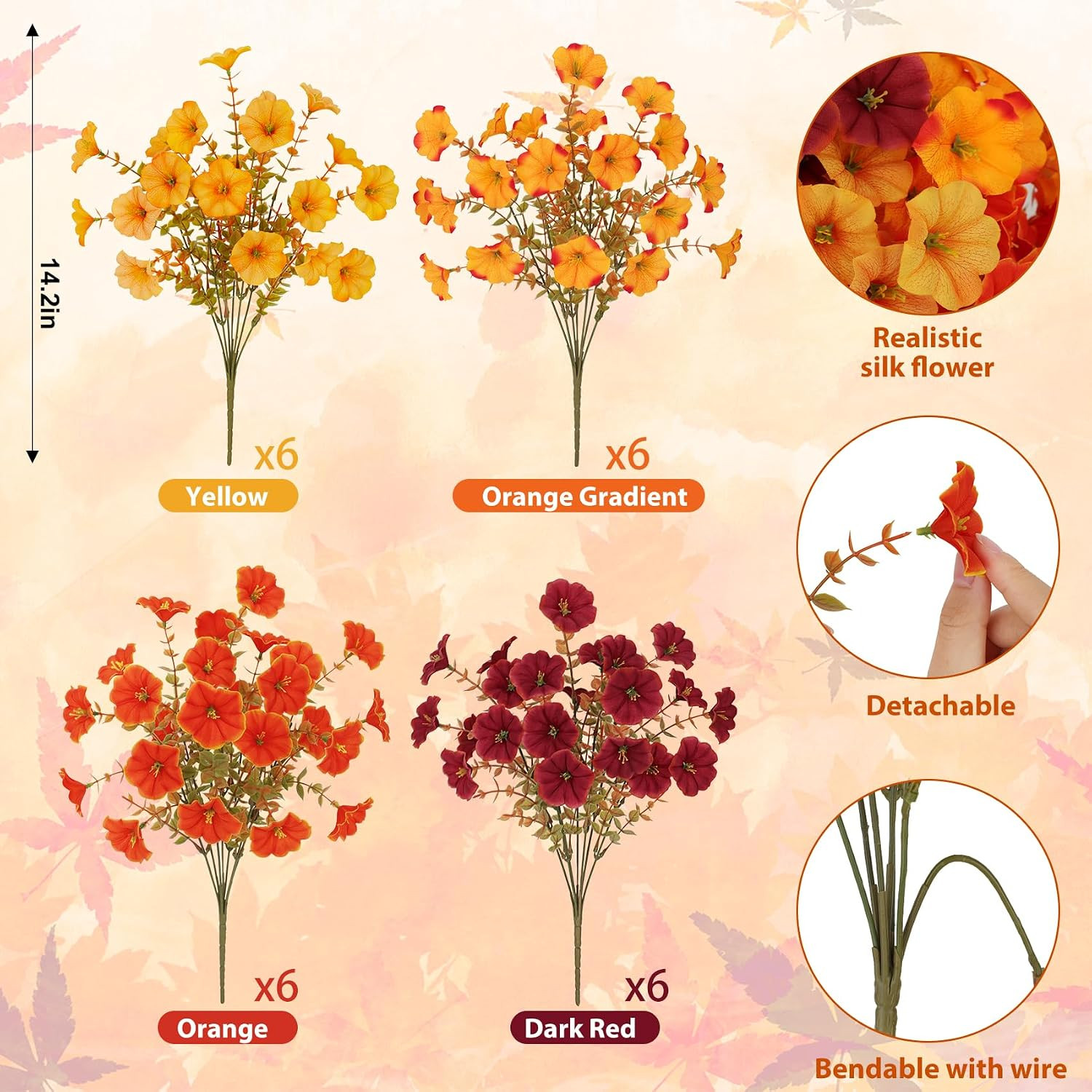 24 Pcs Artificial Fall Flowers for Outdoors Decor, Mixed Orange | Realistic Morn