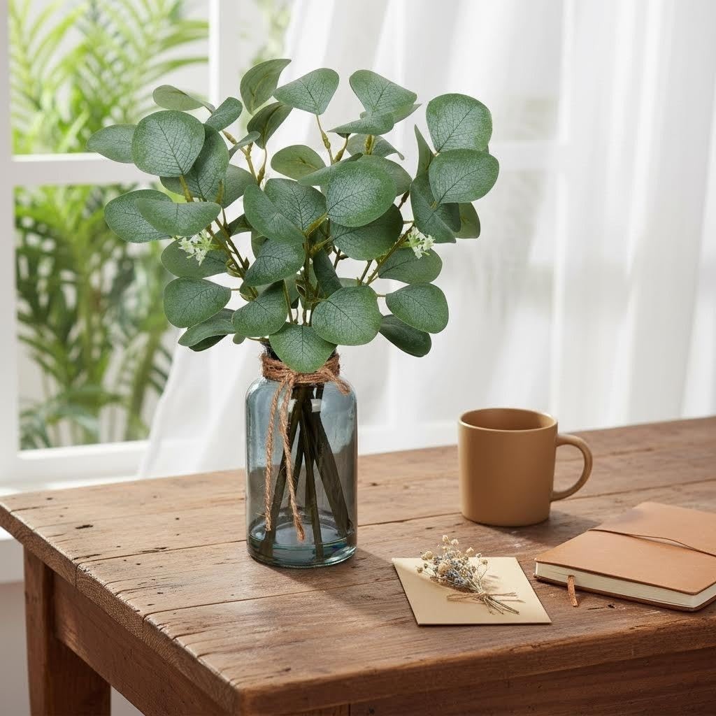 Artificial Eucalyptus Stems in Black Glass Vase with Faux Water