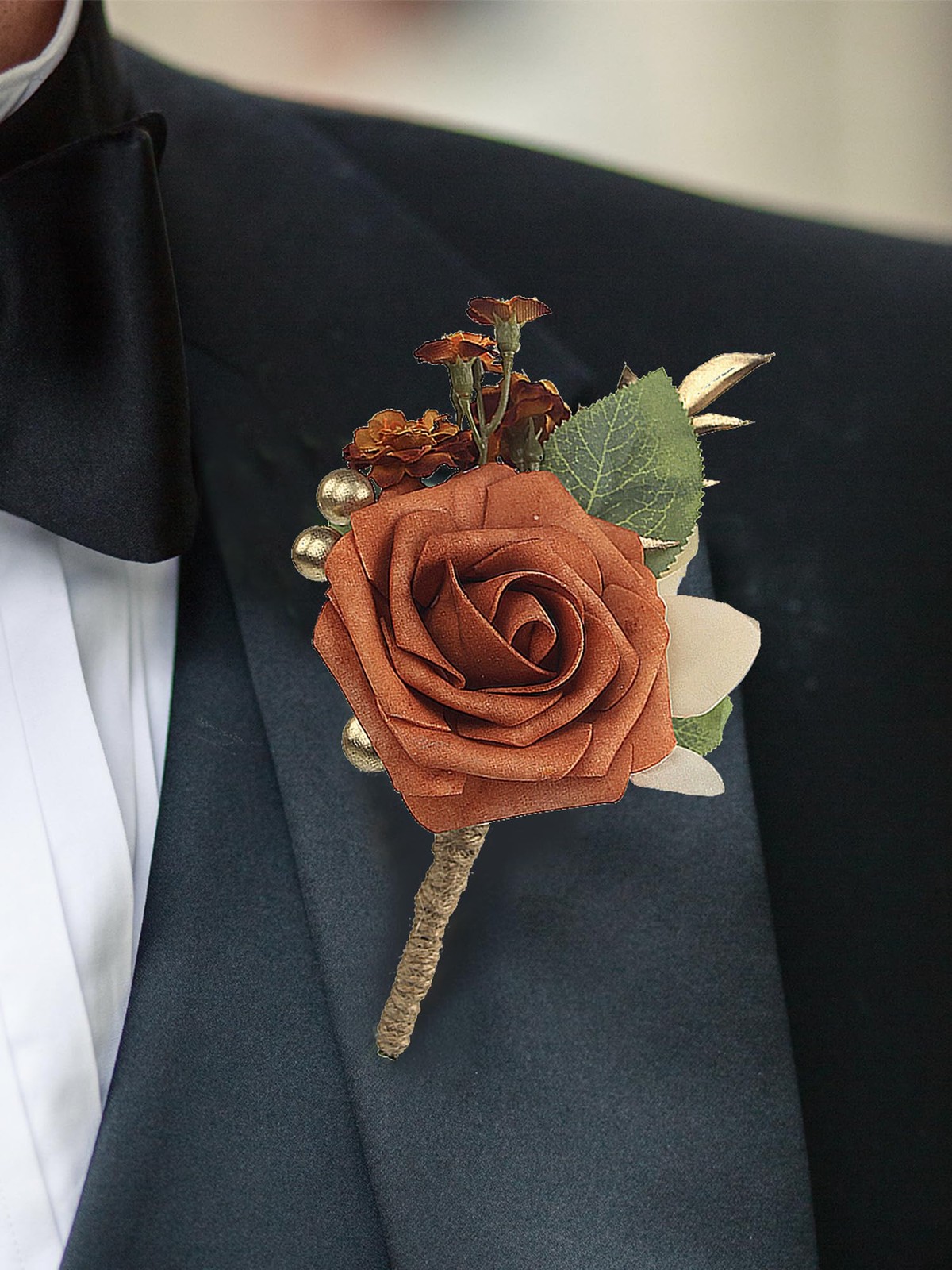 2 PCS Terracotta Boutonnieres Men Wedding Groom Burnt Orange Faux Floral