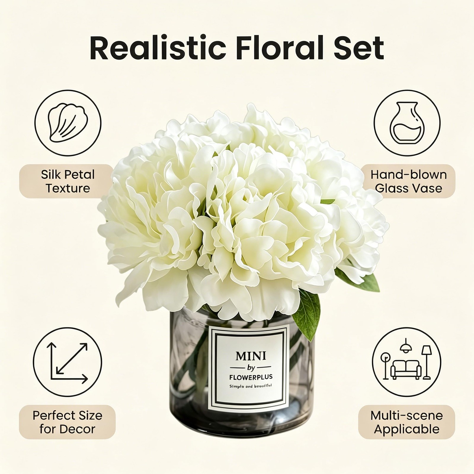 Artificial Hydrangea Flowers with Vase Realistic Faux Peonies, White Hydrange…