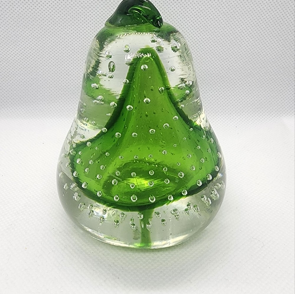 Glass Paperweight Pear Shape Green & Clear Glass with Air Bubbles