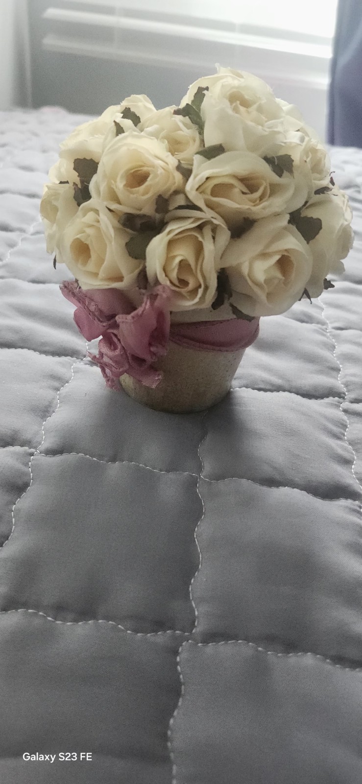Artificial Cream Rose Arrangement in Pot with Pink Ribbon, Silk Flower Bouquet