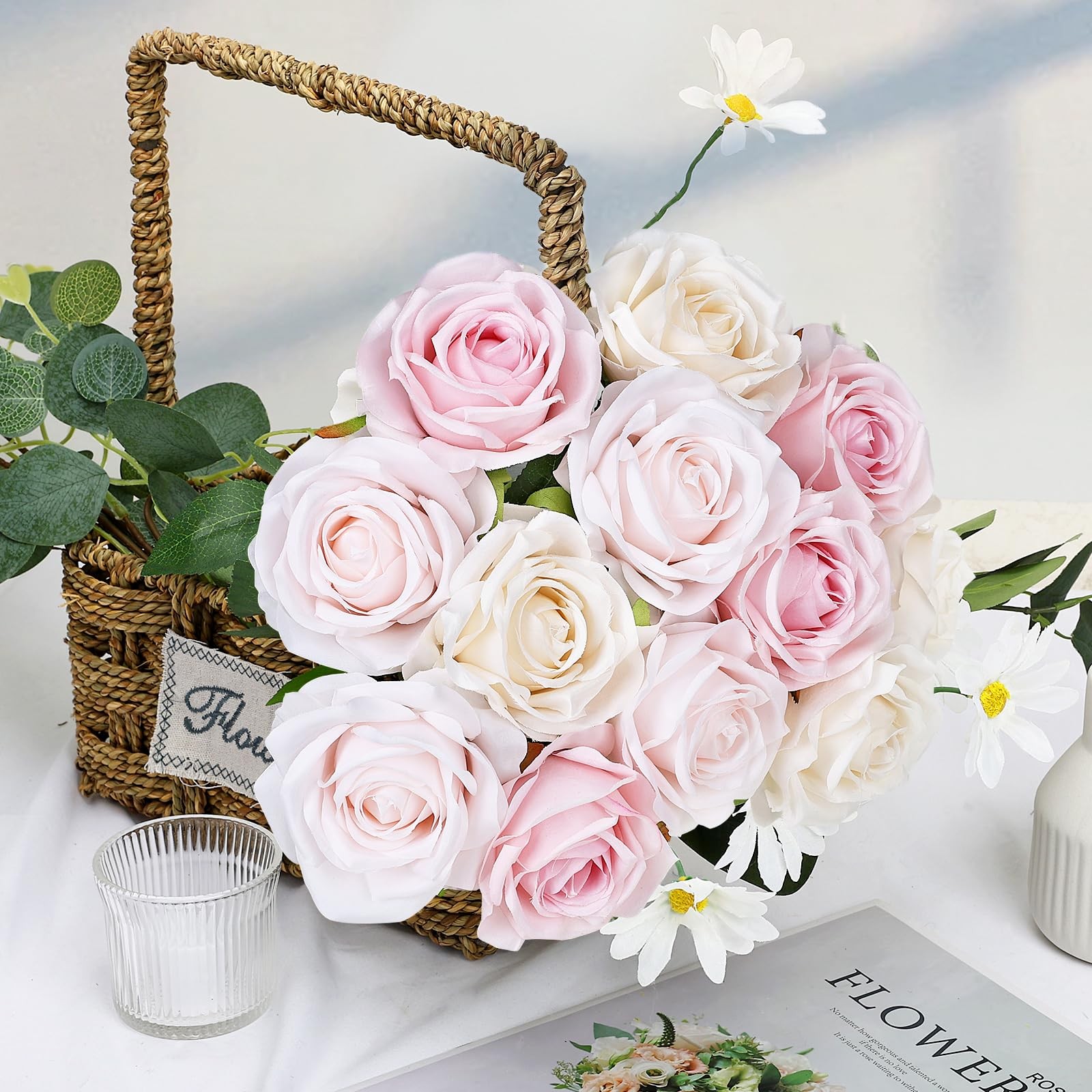 48 PCS Champagne & Pale & Light Pink Roses Artificial Flowers