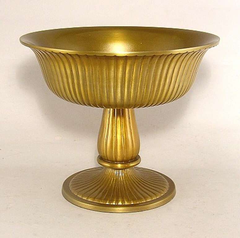 Compote Bowl Vase Gold Finish Cast Aluminum Fluted Revere Pedestal 10″D 7.5″Hi